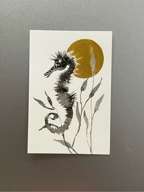 ORIGINAL seahorse ocean life painting nautical seascape art miniature realism US